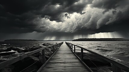 a black and white photo of a dock in the middle of a body of water with dark clouds. dark mood Generative AI	 - obrazy, fototapety, plakaty