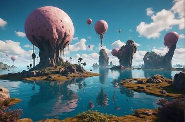 A surreal landscape with dream-like elements, such as floating islands, unusual creatures, and ethereal lighting. - obrazy, fototapety, plakaty