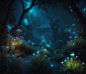 Fototapeta na wymiar A fantasy world illuminated by bioluminescent plants, creatures, and magical landscapes. Colorful bioluminescence plants in the forest, crystals and glowing path, fireflies