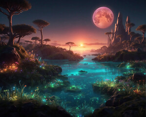 A fantasy world illuminated by bioluminescent plants, creatures, and magical landscapes. Colorful bioluminescence plants in the forest, crystals and glowing path, fireflies