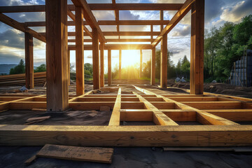 Framework beams of under construction new house being built in residential building construction Generative AI