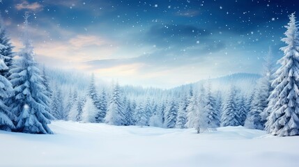 Winter Christmas landscape with pine tree and snow
