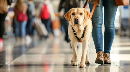 A guide dog guiding its owner through a crowded airport, emphasizing their role in navigating diverse environments