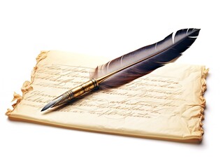 Quill Pen over Ancient Scroll History and Wisdom Isolated on White Background AI Generated