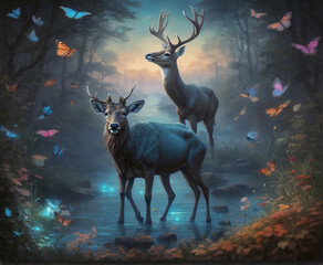 Enchanting and mystical creatures residing in a magical forest, like unicorns, fairies, or mystical birds. Magical deer in a forest