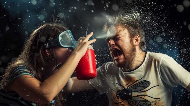 Woman pulling the trigger of a can of insecticide spray, spraying in the face of man wearing a tee-shirt with a flying insect pattern, fly or mosquito design t-shirt, the guy cries as his eyes hurt