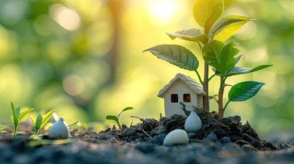 Foto op Canvas miniature wooden house, greenery nature background. Generative AI © anna