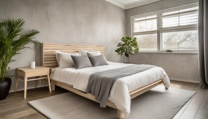 venture into a minimalist bedroom that champions solitude and rest a platform bed with its understated design is dressed in organic cotton linens in shades of gray and white flanking the bed are t