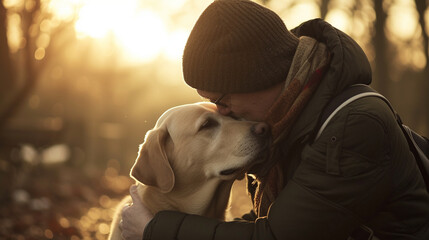 A heartwarming image of a guide dog and its owner sharing a tender moment, capturing the emotional bond between them