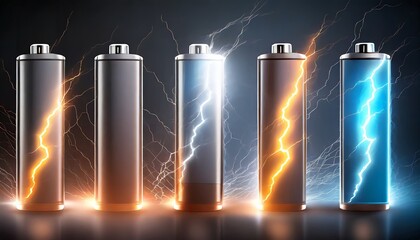 set of battery charge indicators with lightning flashes - obrazy, fototapety, plakaty