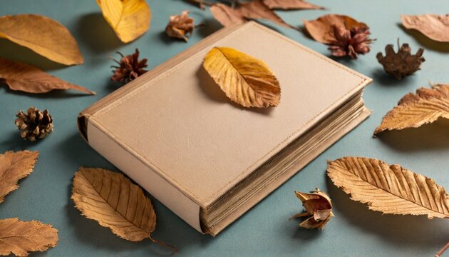 vintage book cover mockup template with dry leaves