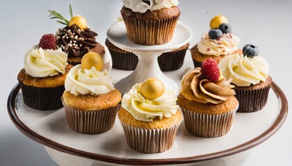 close up view of various sweet cupcakes on cake stand on white
