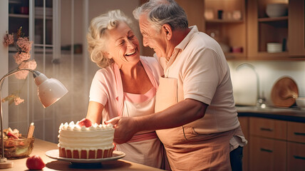 Senior man, woman bake, laugh, bond.