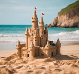 Sandcastle on the beach. Concept of summer vacation and travel.