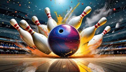 the bowling ball is ready to be hit image of a bowling ball hitting pins and exploding - obrazy, fototapety, plakaty