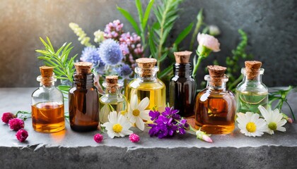 Obraz na płótnie Canvas assortment of organic essential oils herbal extracts and medical flowers herbs in glass bottles alternative therapy aromatherapy natural ingredients in cosmetic and medicine