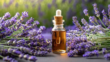 glass bottle with essential oil among the lavender blossoms