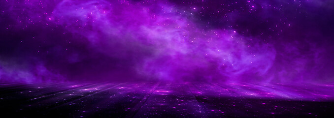 Abstract empty dark stage with purple smoke, neon, sparkles. - obrazy, fototapety, plakaty