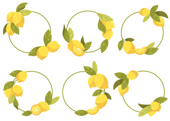 Lemon frame on white background. Vector illustration of green leaves, lemons and branches. Perfect for background for greetings, birthday, cards.