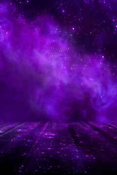 Abstract empty dark stage with purple smoke, neon, sparkles.