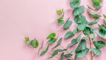eucalyptus leaves and branches on pastel pink background eucalyptus branches pattern flat lay top view copy space banner
