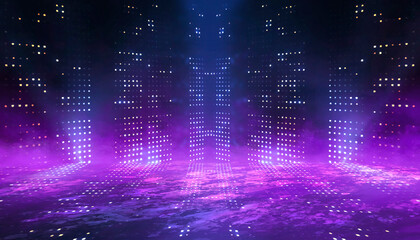 Abstract empty dark stage with purple smoke, neon, sparkles. © MiaStendal