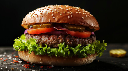Tempting Beef Burger on Black Background