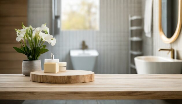 wooden tabletop for product display on blur bathroom interior background