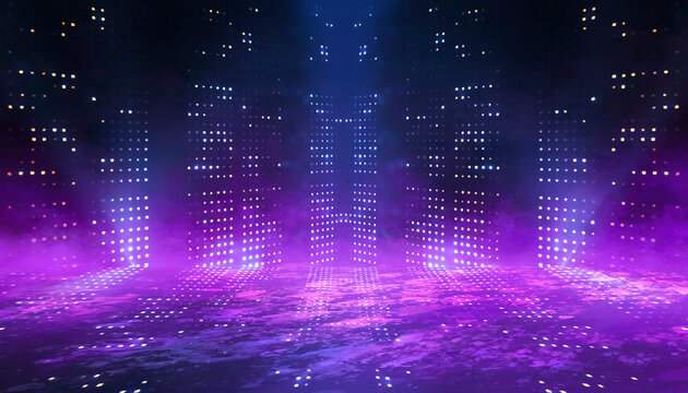 Abstract empty dark stage with purple smoke, neon, sparkles.