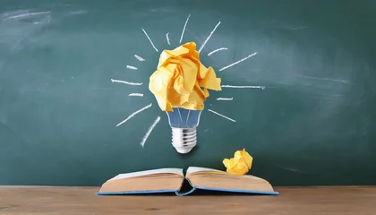 Fotobehang education concept image creative idea and innovation crumpled paper as light bulb metaphor over blackboard © Charlotte