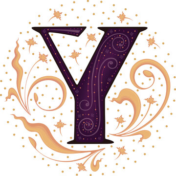Medieval letter Y .Font .Alphabet . Typeface . Ancient book miniature .