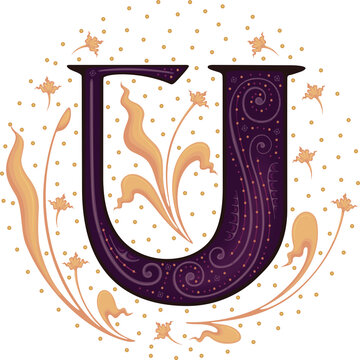 Medieval letter U .Font .Alphabet . Typeface . Ancient book miniature .