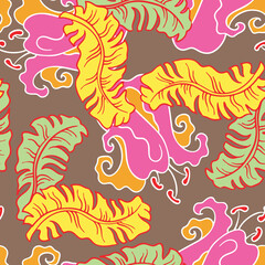 Banana plant leaves vector pattern for textile design, fabric print, wallpaper, digital paper. Palm tree leaf background, jungle vintage style, hand drawn illustration for cafe, spa hotel decoration.