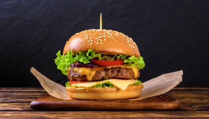 craft beef burger on wooden table on black background