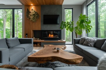 Scandinavian Home Interior with Live Edge Coffee Table, Sofas by Fireplace in Modern Living Room, House in Forest