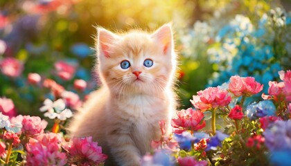 Cute pink kitten with blue eyes sitting in a flower sunny garden