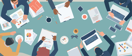 Group of people work a table. Productivity and teamwork. Working on a project or discussing ideas. Professional environment, meeting room or a co-working space. - obrazy, fototapety, plakaty