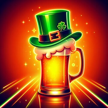 a glass of beer wearing a green Patrick cap isolated over an orange background in neon light. Concept of ST Patrick's day created with generative ai