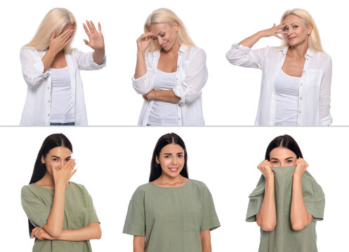 Embarrassed women on white background, set with photos