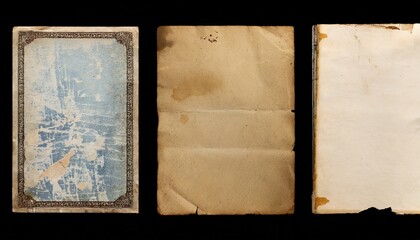 set collection of three stained grungy vintage antique paper sheets with ripped borders retro book page backgrounds textures or collage design elements over transparency