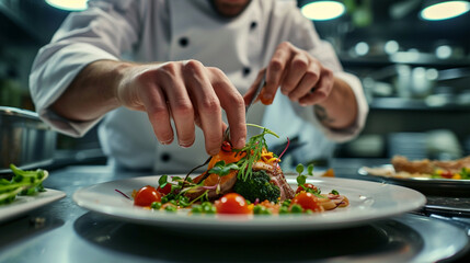 Obraz na płótnie Canvas Precision and Artistry in a Michelin Star Restaurant: A Master Chef's Delicious Creation Comes Alive