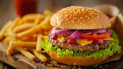 Scrumptious American fast food: from juicy hamburgers to crispy fries, all served with a side of...