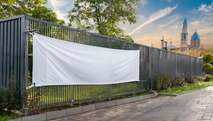 layered fabric banner mockup vinyl banners printing grommet mockup corporate outdoor banner horizontal banner mockup hanging outside fabric scrim vinyl banner hanging on the fence - obrazy, fototapety, plakaty