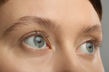 Woman with beautiful natural eyelashes on grey background, closeup