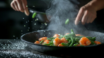 A professional cook preparing succulent shrimp with spring beans in an eastern kitchen, capturing the essence of healthy seafood cuisine.