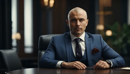Naklejka na ściany i meble The figure of a manager in a company with a shaved head in a wonderful and attractive decor in formal clothes at a meeting table