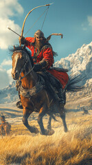 A serious look lies on the face of the Mongolian leader as he rides his horse through the endless expanses of the world's largest empire. Determination and a deep connection to the vast steppe.