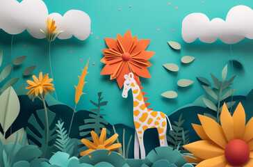 Fototapeta na wymiar Paper craft safari scene with a giraffe under an origami flower, perfect for creative kids workshops and school projects
