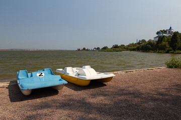 Strolling catamaran on the shore of the estuary in the city of Bilhorod-Dnistrovskyi. Ukraine