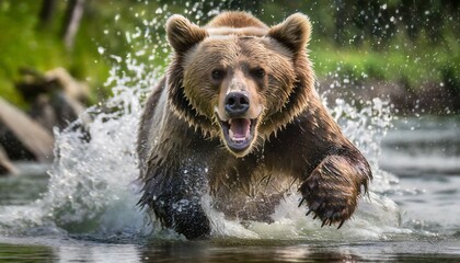 angry grizzly bear in rage sprinting in water towards camera